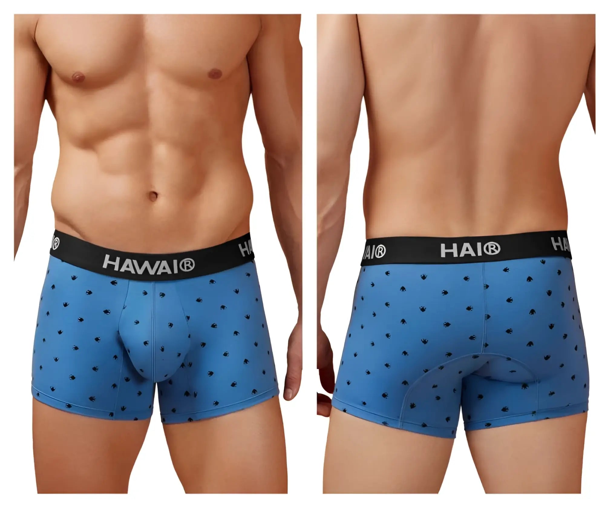 Blue hai boxer briefs with black palm tree patterns and black waistband in blue quartz cotton blend trunks