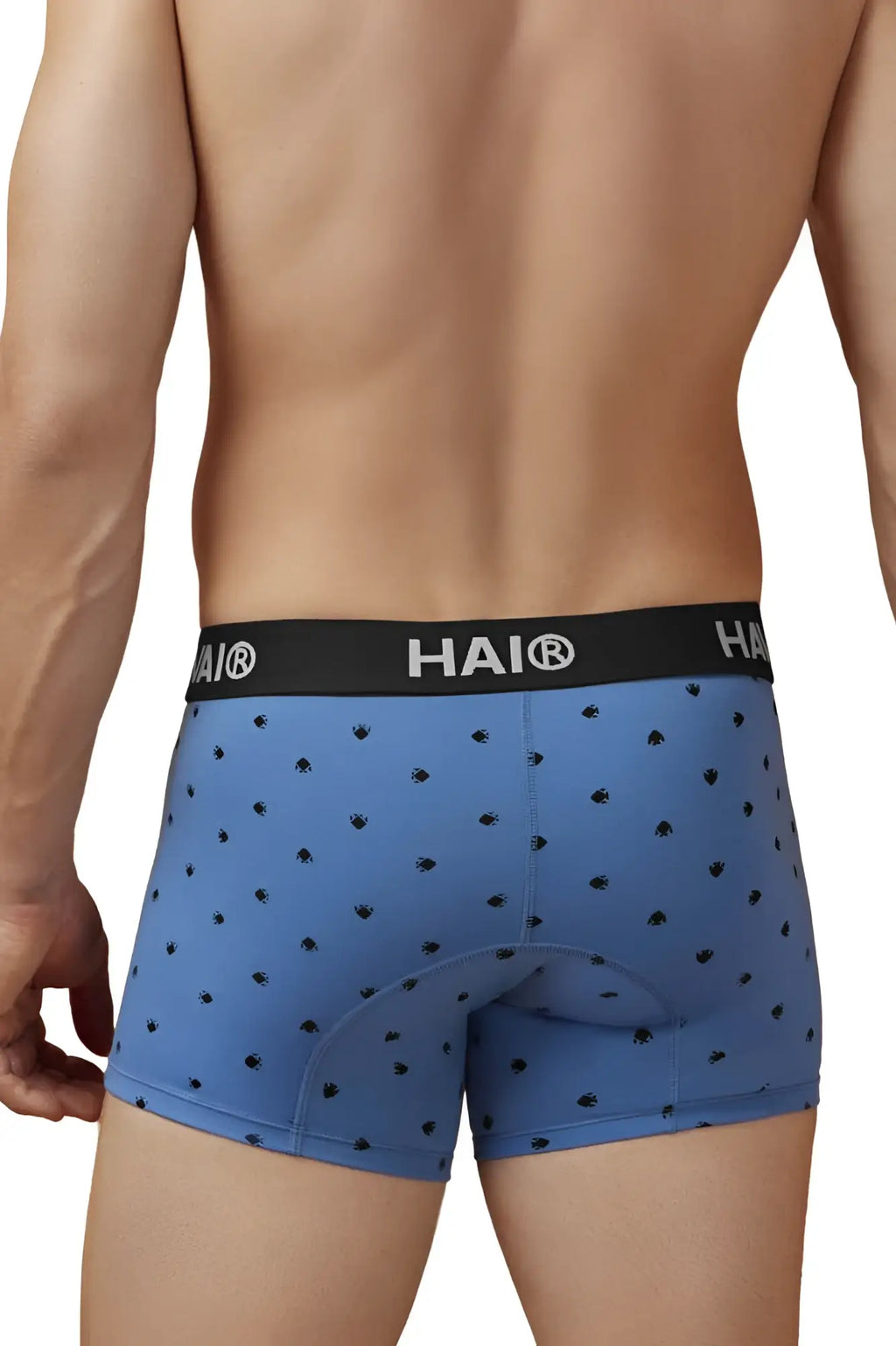 Blue hai boxer briefs in blue quartz with black paw print pattern padded rear made from cotton blend fabric