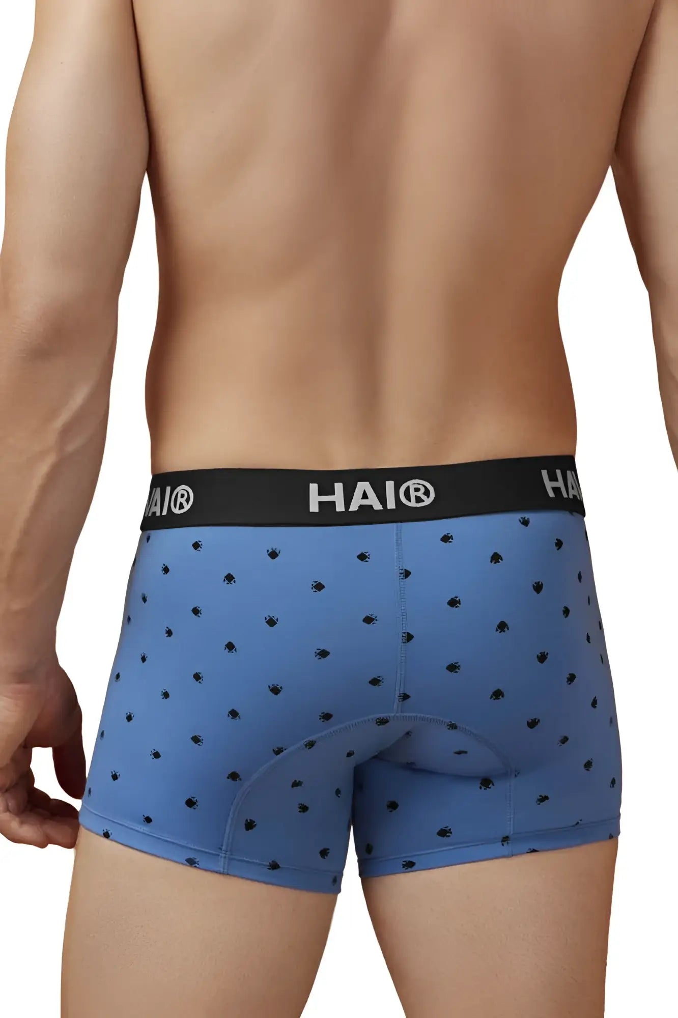 Blue hai boxer briefs in blue quartz with black paw print pattern padded rear made from cotton blend fabric