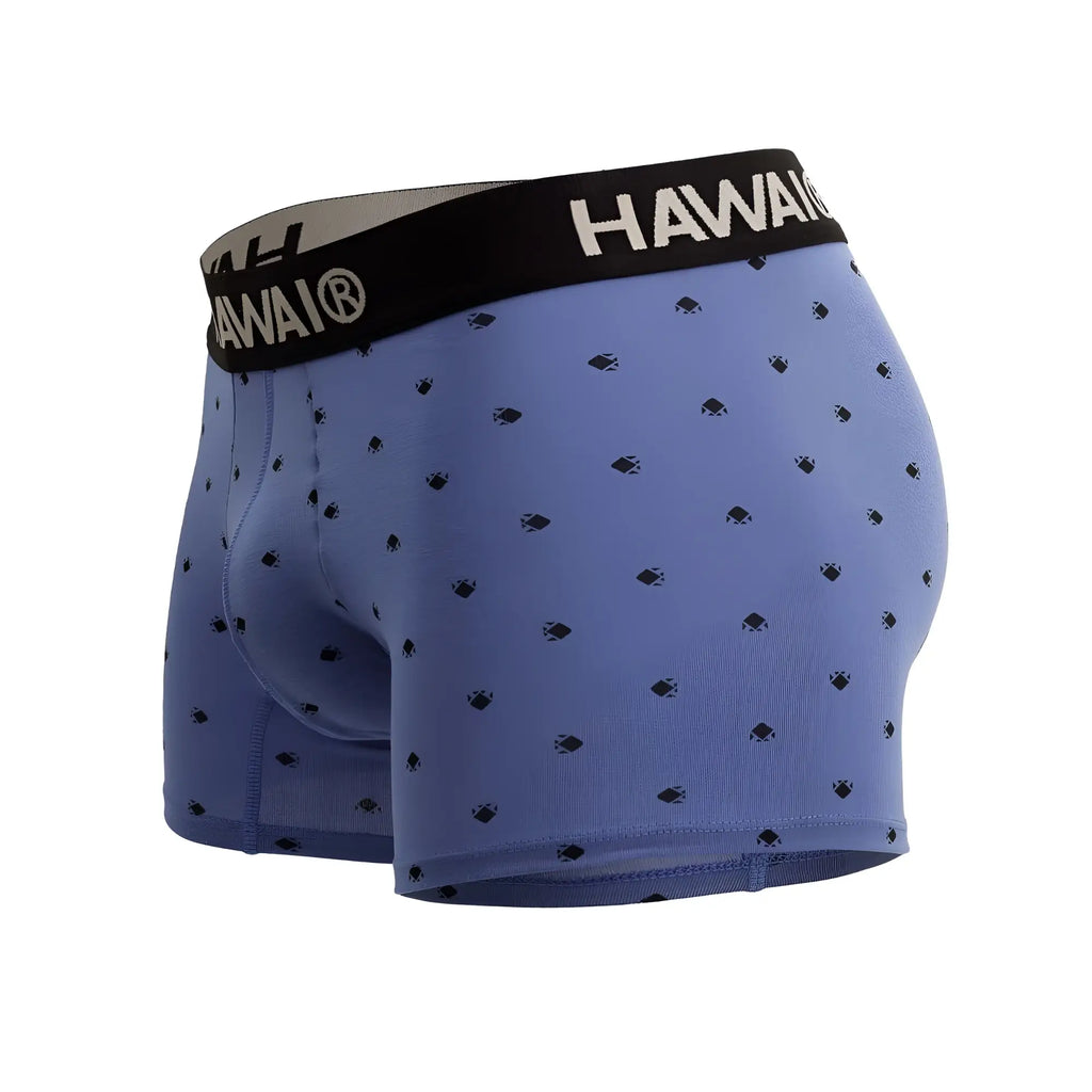 Blue hawaiian boxer briefs in cotton blend with black waistband, white hawair lettering, and small fish pattern