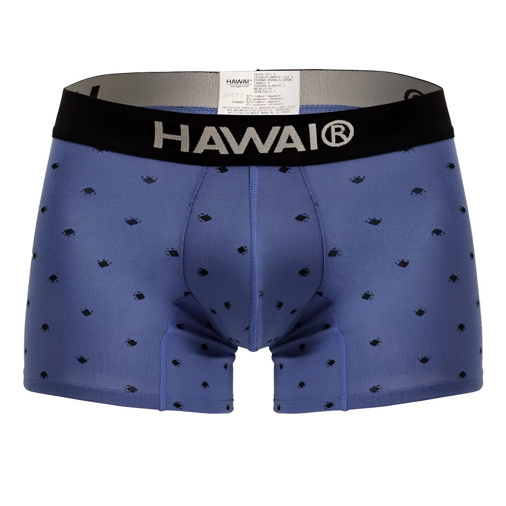 Blue hawaiian boxer briefs with black elastic waistband and diamond patterns in cotton blend fabric by hawair