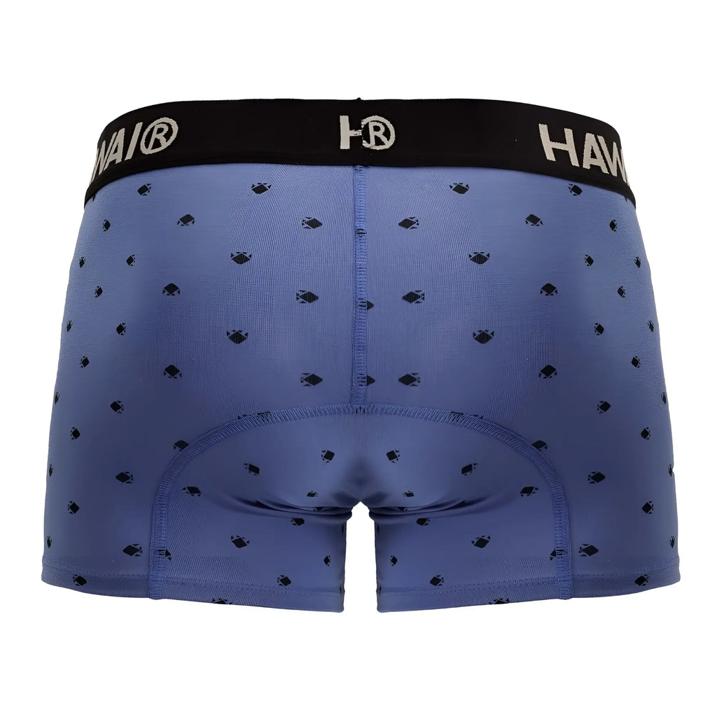 Blue quartz cotton blend boxer briefs with black hawai waistband and dark fish patterns scattered on fabric