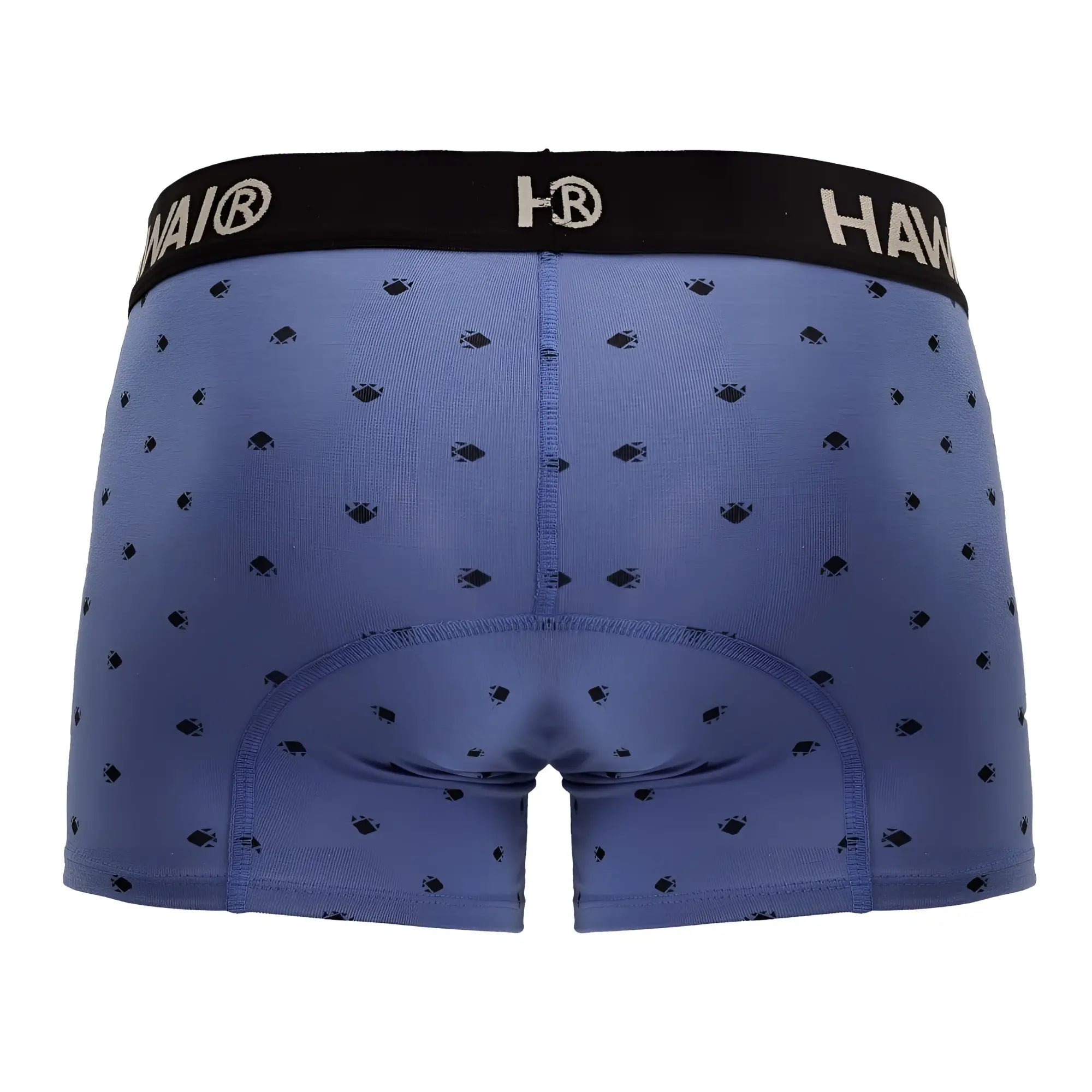 Blue quartz cotton blend boxer briefs with black hawai waistband and dark fish patterns scattered on fabric