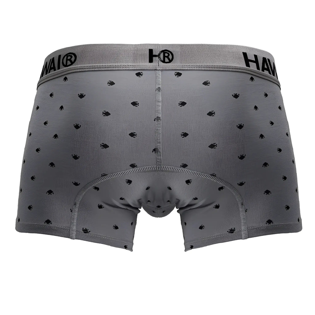 Gray hawair 42571 cotton blend boxer briefs with subtle black fish pattern and elastic waistband logo