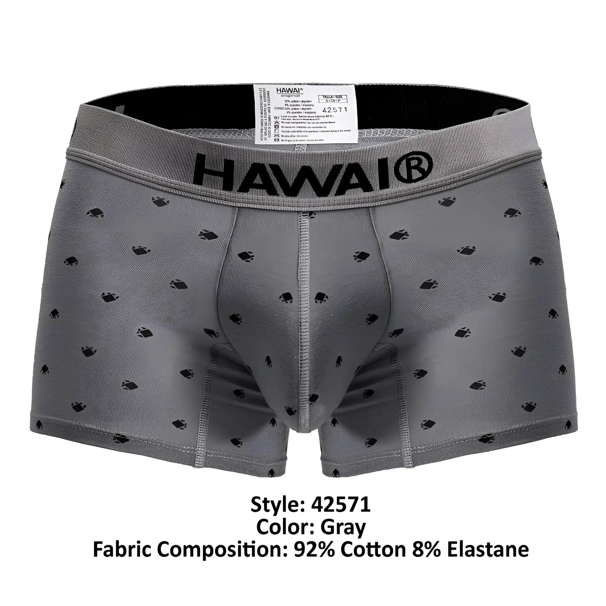 Gray hawaii brand boxer briefs with subtle black fish pattern and elastic waistband made from cotton blend