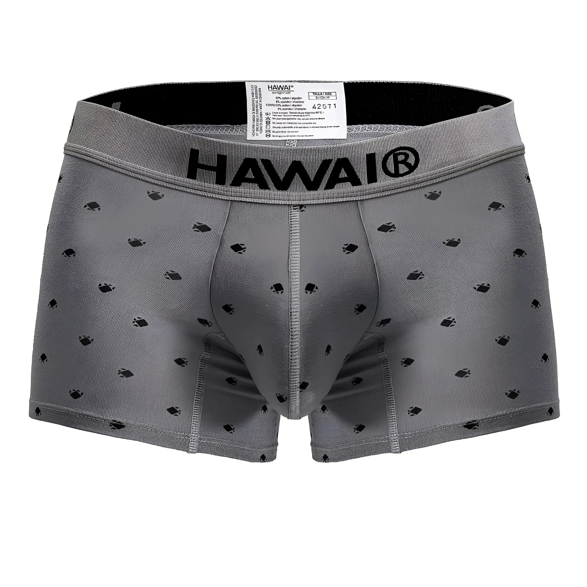 Gray hawaii brand mens boxer briefs with subtle black fish pattern and reinforced stitching in cotton blend trunks