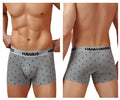 Gray hawaiian-themed men’s cotton blend boxer briefs with black palm tree prints and branded waistband hawair 42571