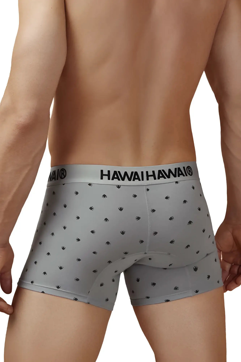 Gray men’s cotton blend boxer briefs with black palm tree pattern and hawaii hawai waistband branding hawair 42571