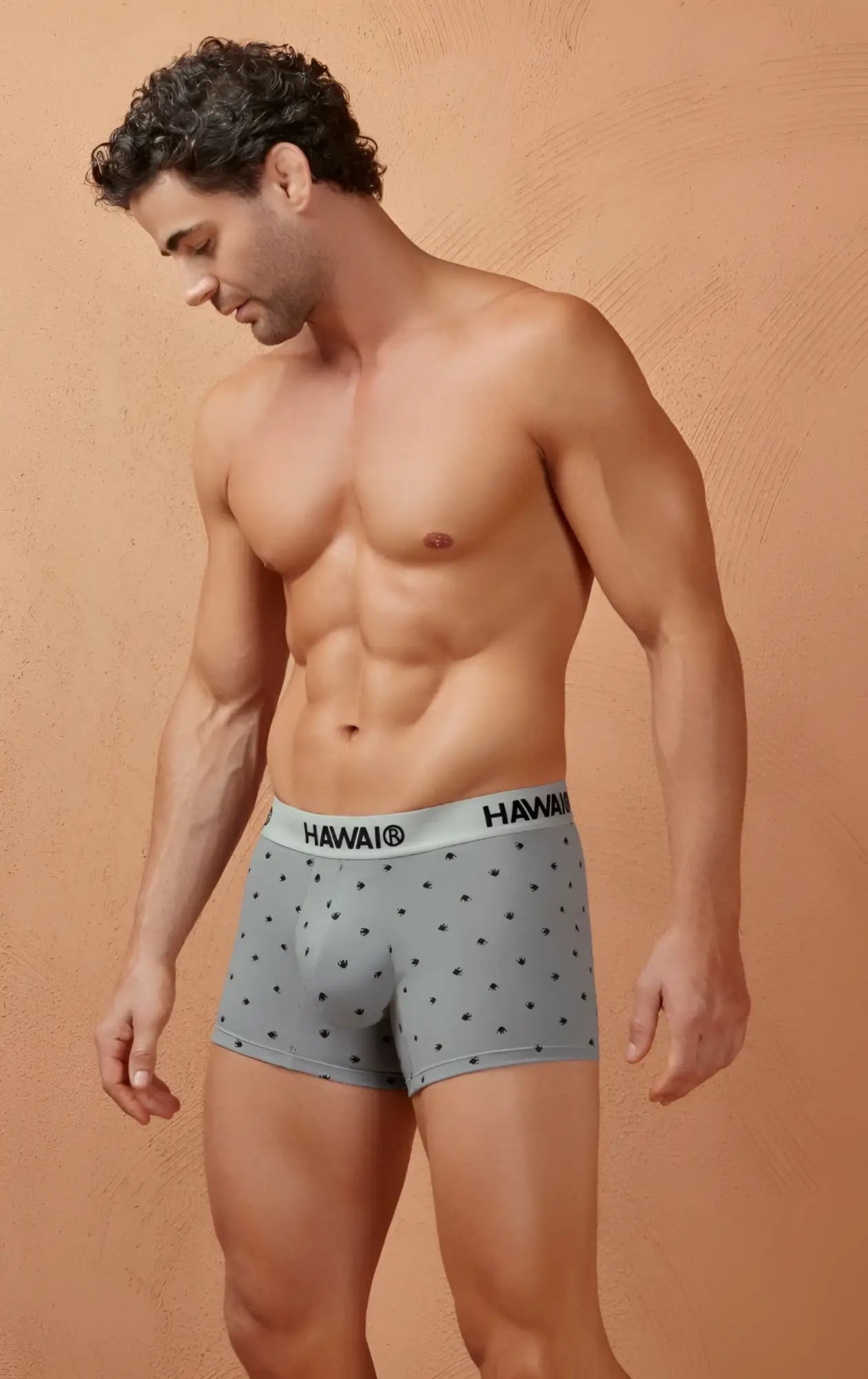 Gray polka-dot cotton blend trunks with white hawaii waistband model hawair 42571