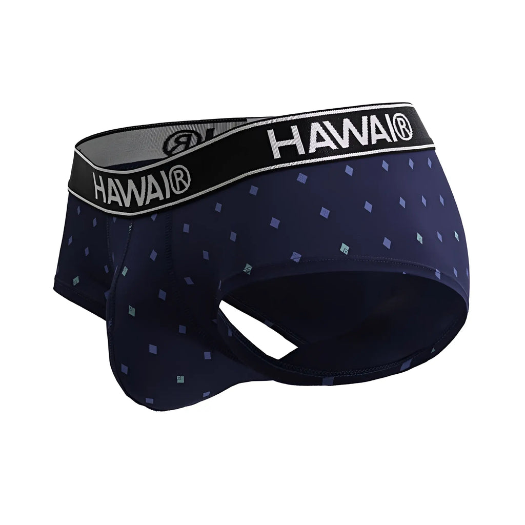 Dark blue hawai men’s microfiber briefs with a subtle light purple and teal diamond pattern for everyday comfort