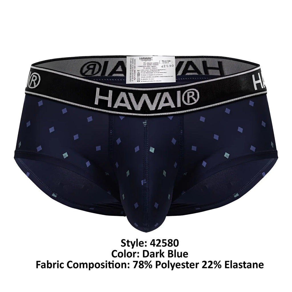 Dark blue hawai men’s microfiber briefs with subtle geometric pattern and black elastic waistband featuring brand logo