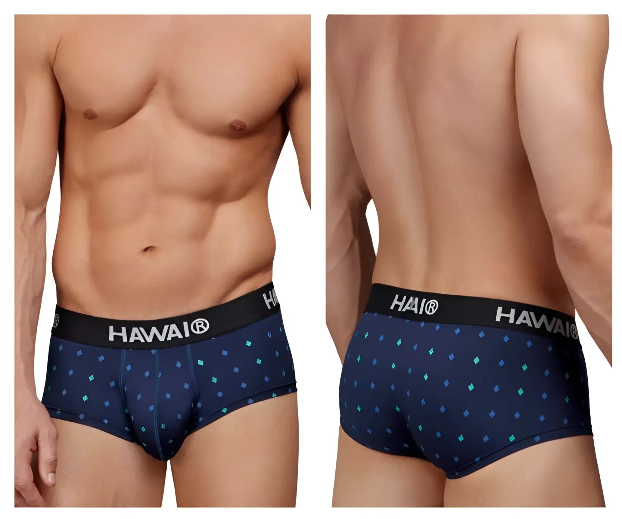 Navy blue hawai microfiber briefs with teal diamond pattern and black waistband featuring white hawai logo