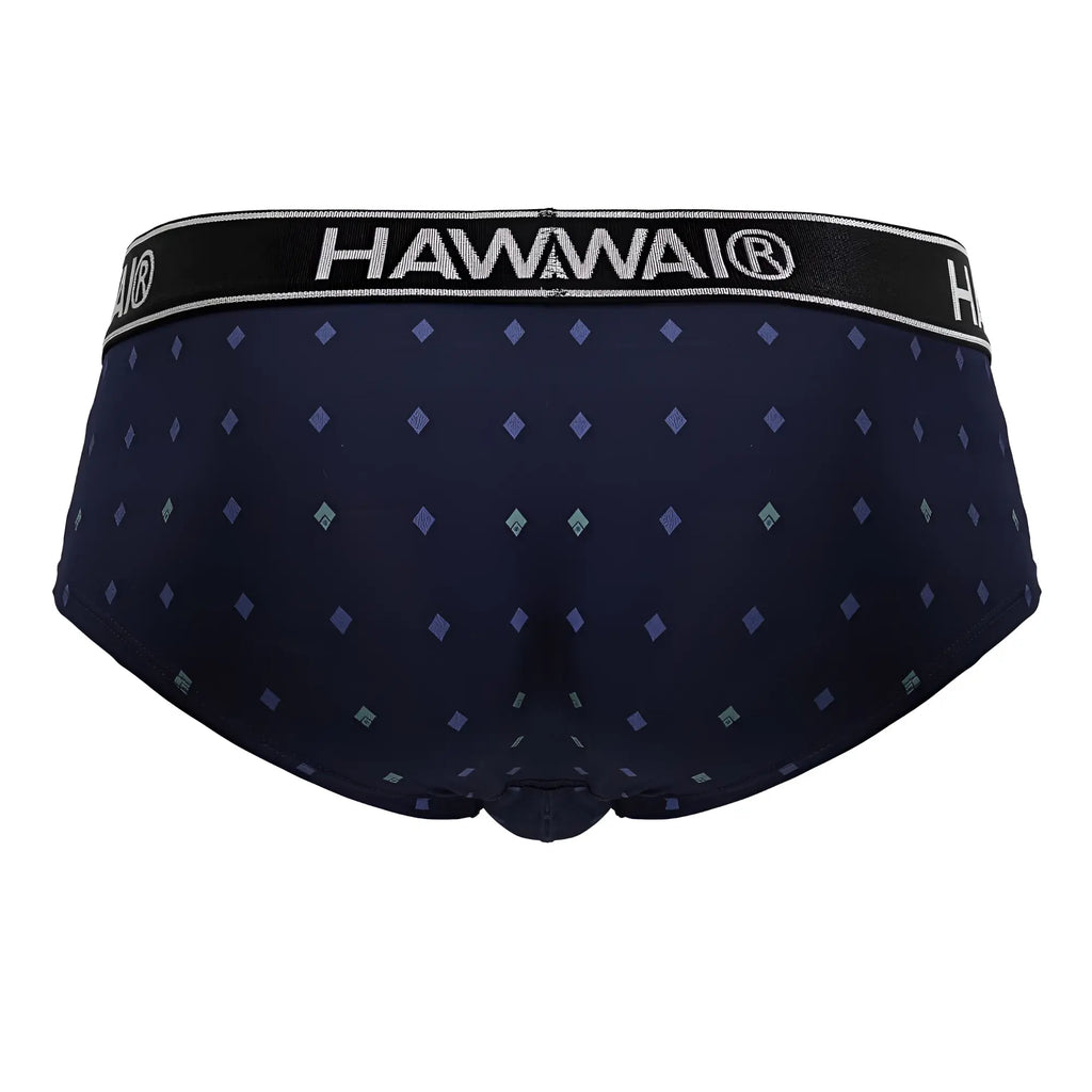 Dark navy blue hawaian microfiber briefs with purple teal diamond pattern and black waistband with white hawaii branding