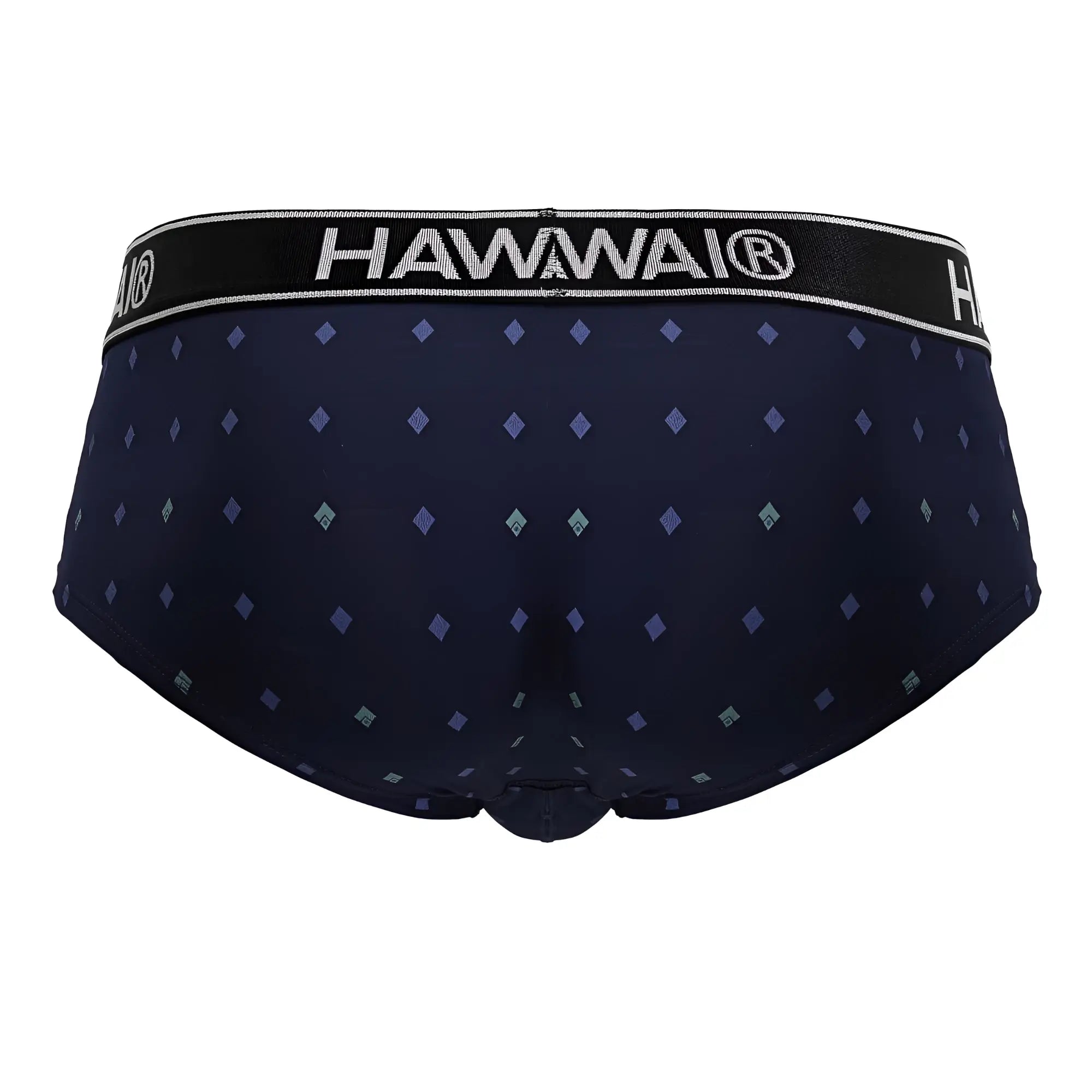 Dark navy blue hawaian microfiber briefs with purple teal diamond pattern and black waistband with white hawaii branding
