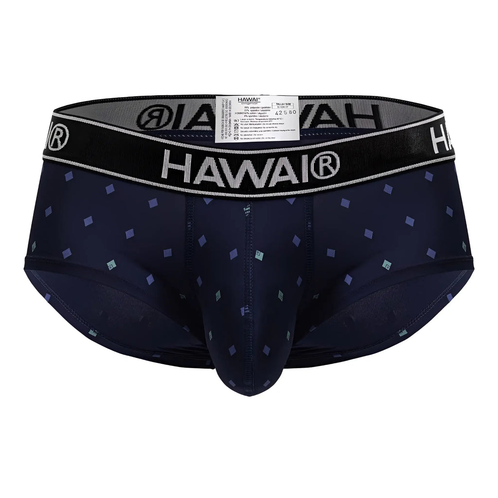 Dark navy blue hawair 42580 microfiber men’s briefs with subtle light purple and teal diamond pattern