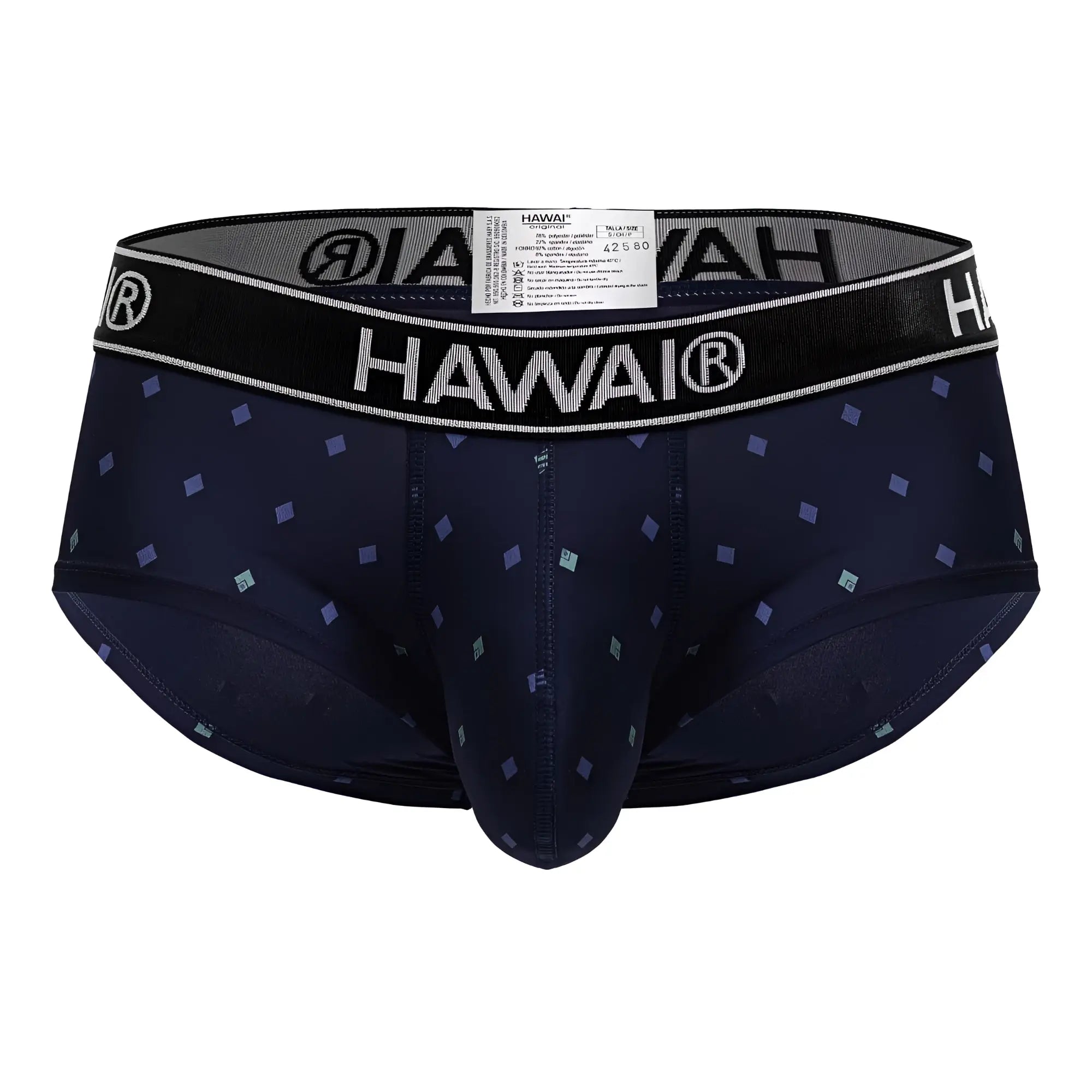 Dark navy blue hawair 42580 microfiber men’s briefs with subtle light purple and teal diamond pattern