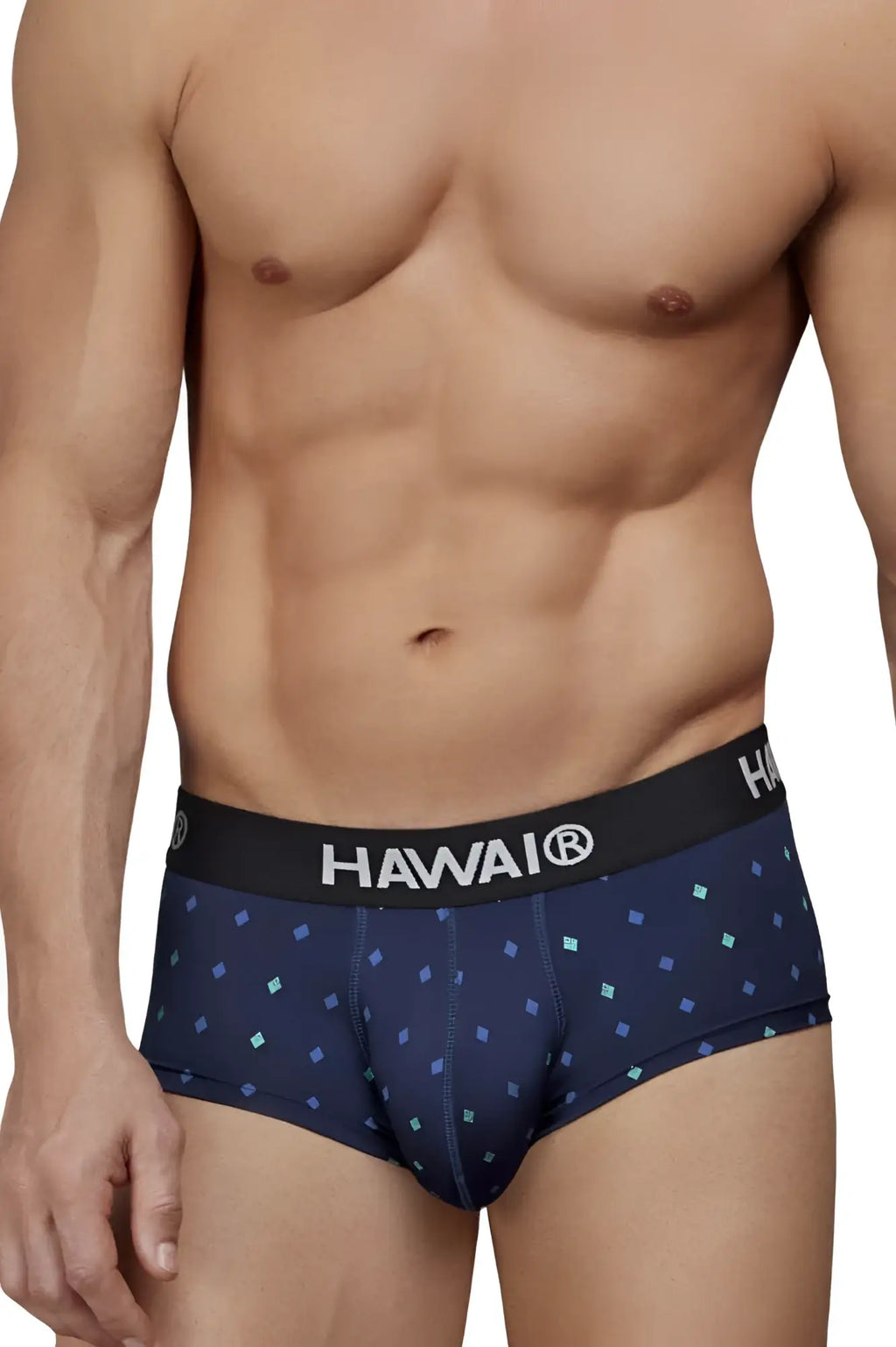 Navy blue patterned microfiber briefs with a black waistband featuring hawai branding for comfortable wear
