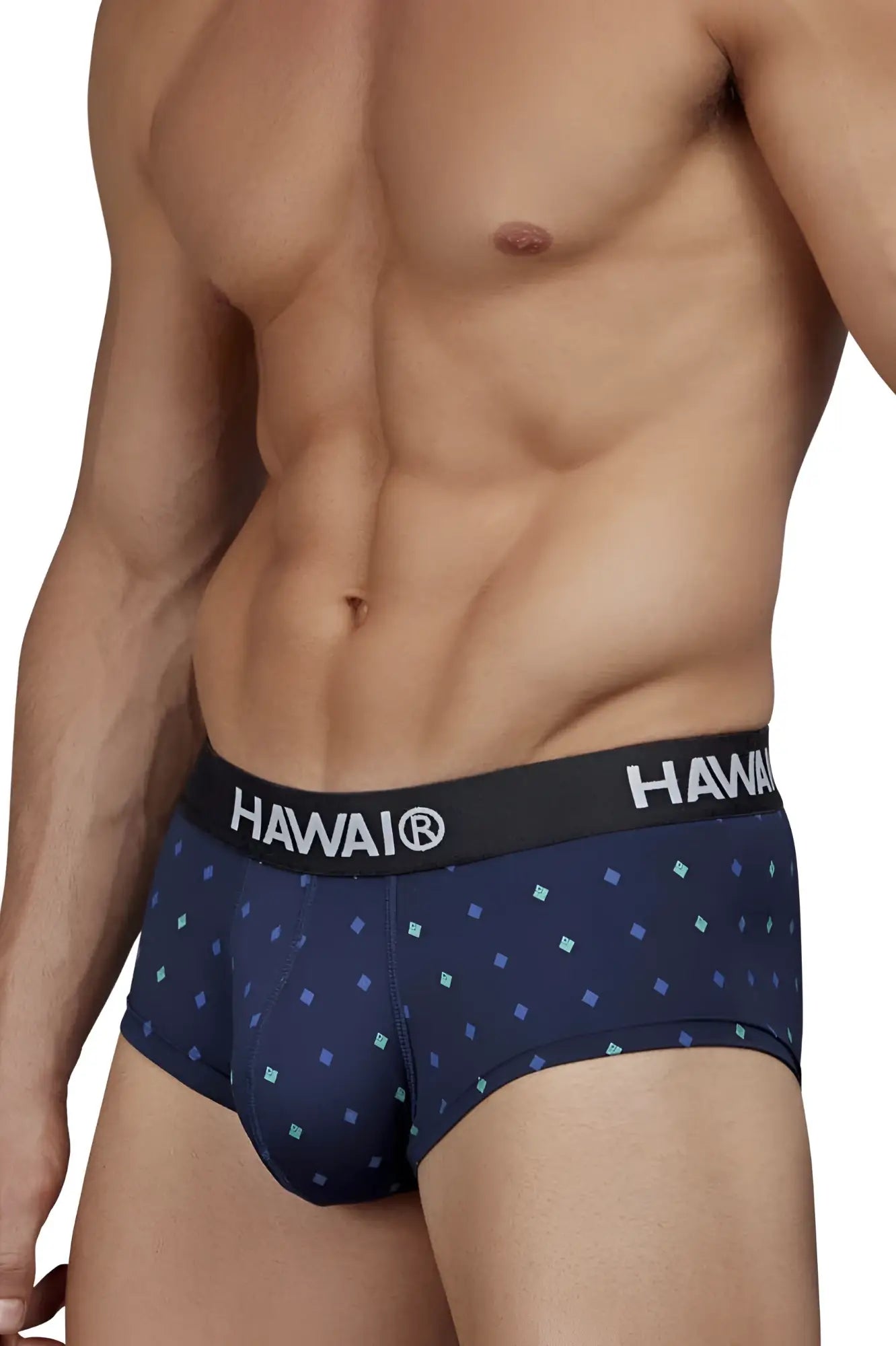 Navy blue hawair 42580 microfiber briefs with light teal and purple squares and black waistband branded hawai