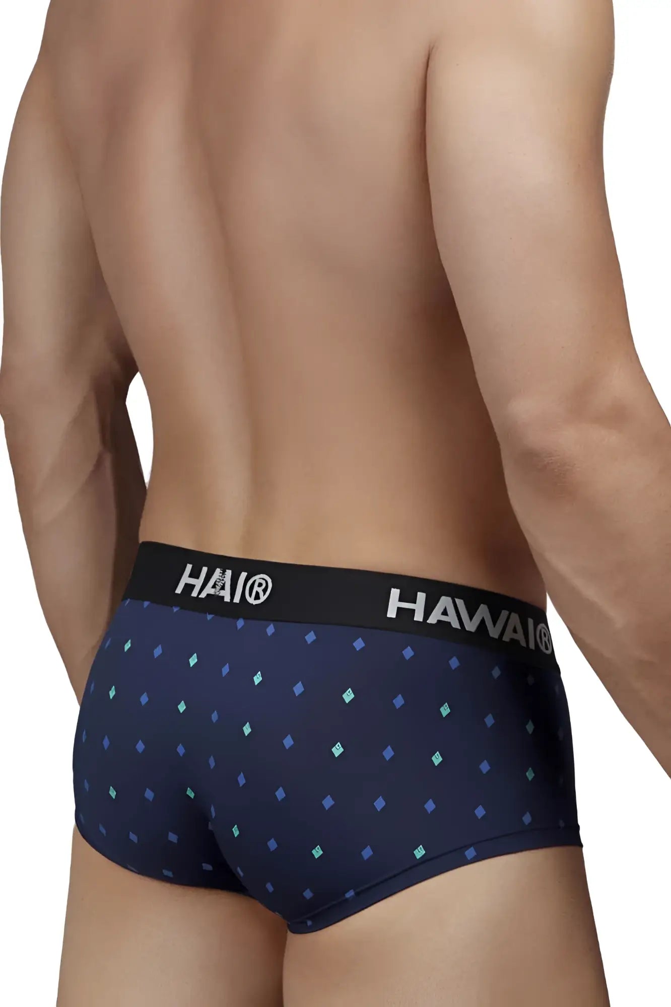 Navy blue HAWAIR 42580 microfiber briefs with light teal and purple diamond pattern and black hai branded waistband