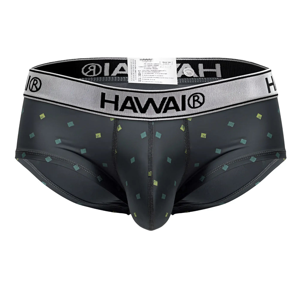 Black hawai men’s microfiber briefs gray with subtle green and yellow square pattern and gray waistband with black branding