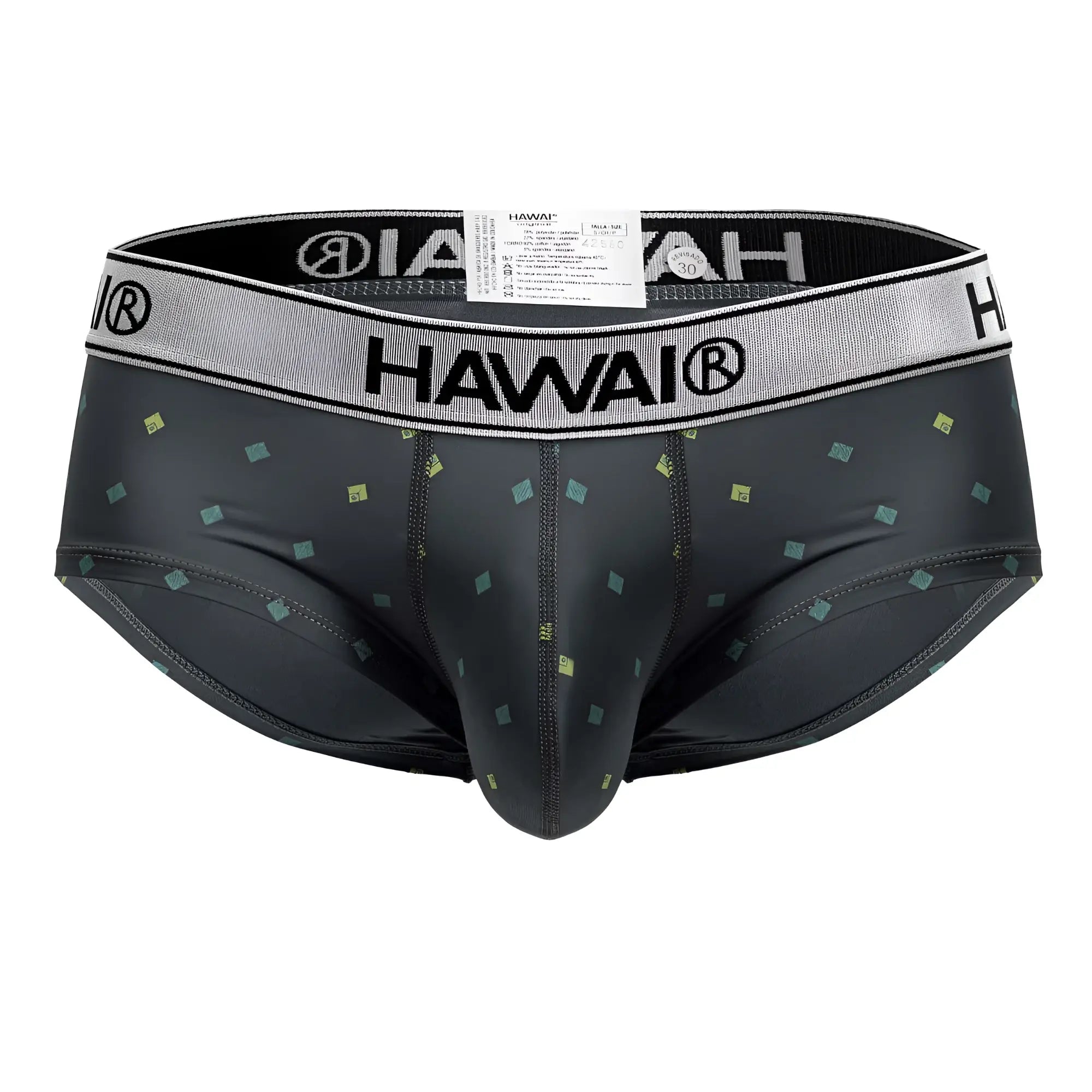 Black hawai men’s microfiber briefs gray with subtle green and yellow square pattern and gray waistband with black branding