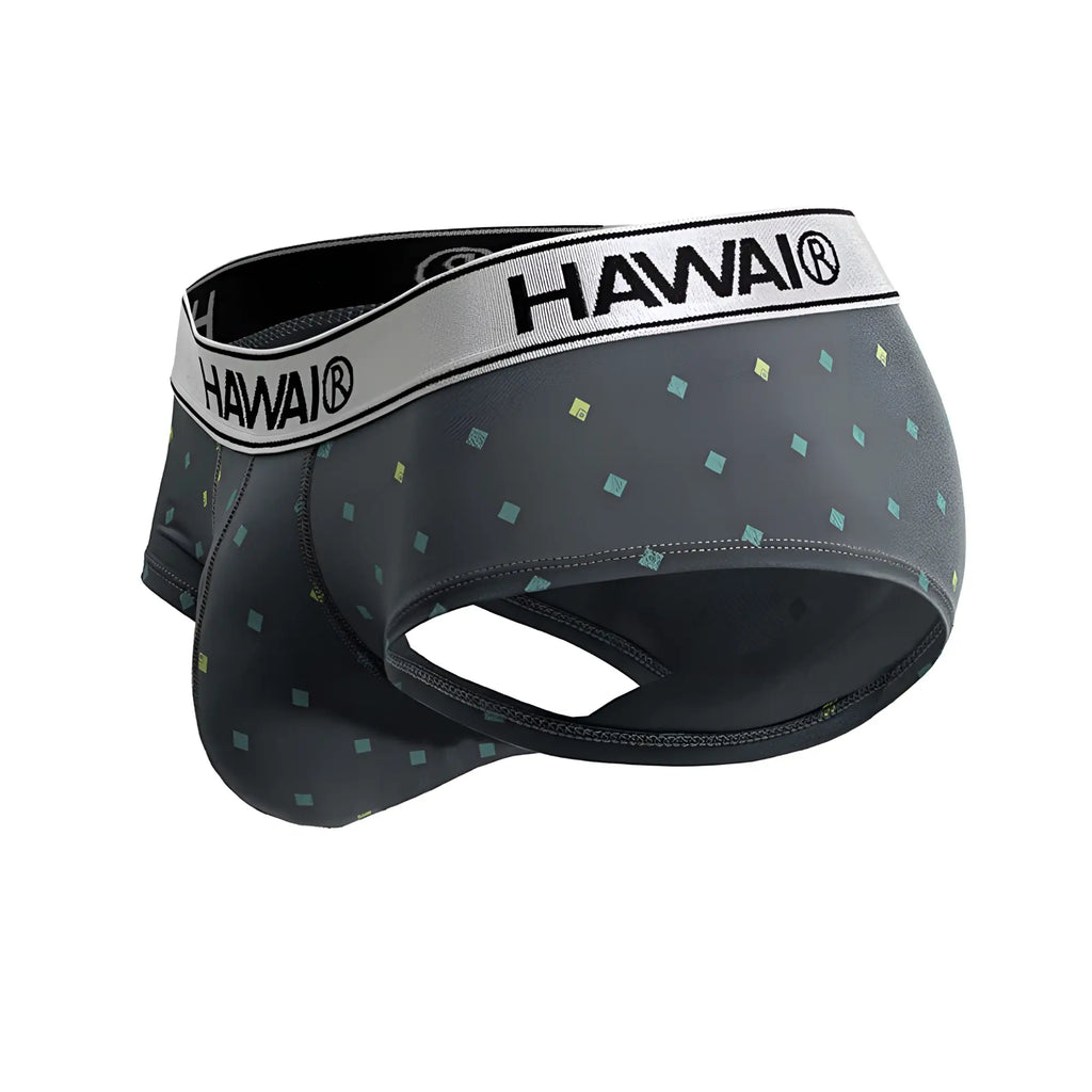 Dark gray Hawai microfiber briefs with teal and gold square pattern and contrasting silver waistband