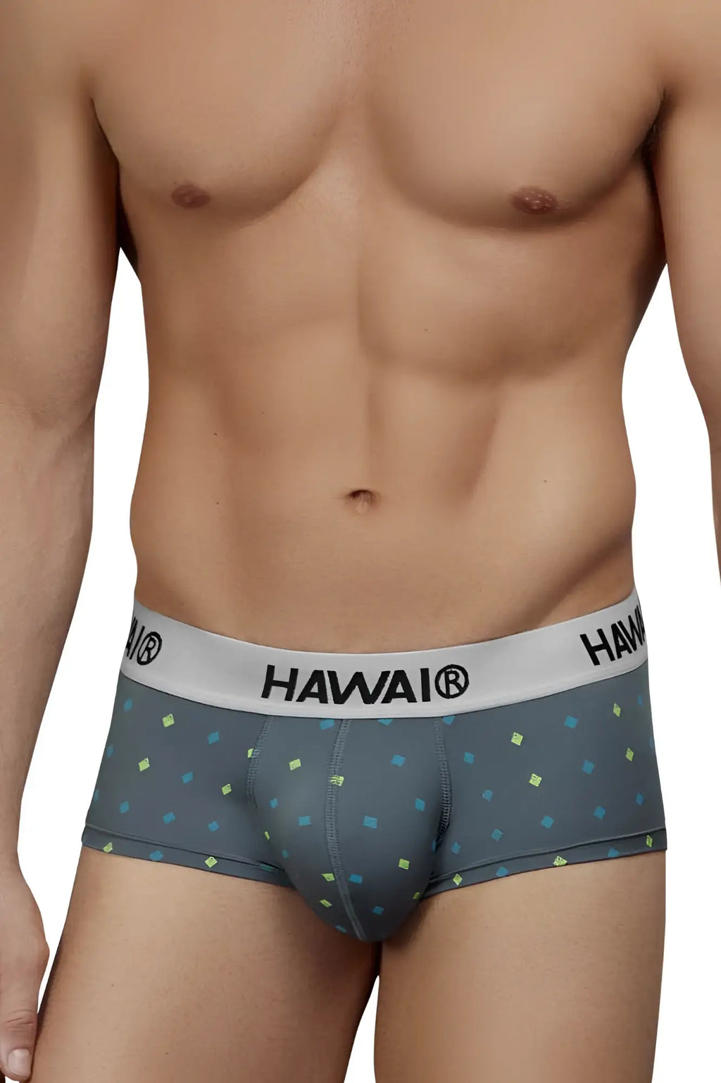Gray hawai® microfiber boxer briefs with a subtle pattern of light blue and yellow squares in color gray