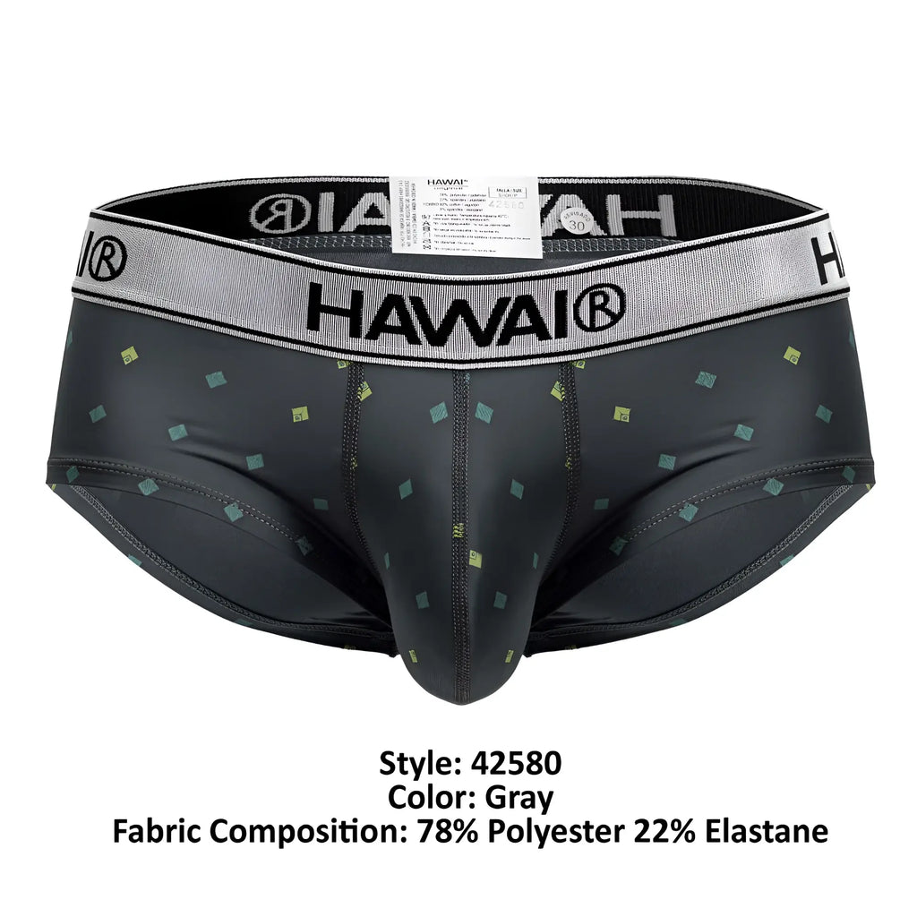 Gray hawai men’s microfiber briefs with subtle green and yellow square pattern in the hawair 42580 style