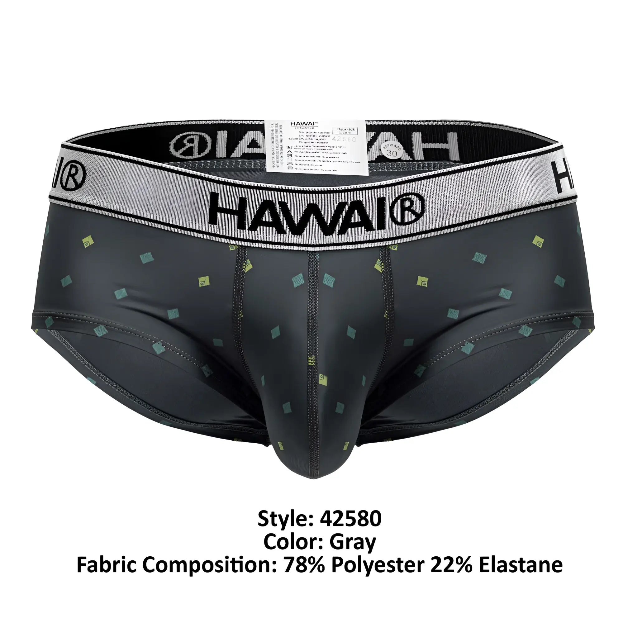 Gray hawai men’s microfiber briefs with subtle green and yellow square pattern in the hawair 42580 style