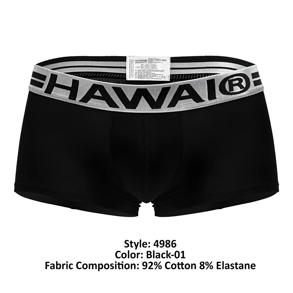 Black hawai boxer briefs in black cotton blend with a gray elastic waistband featuring bold black lettering