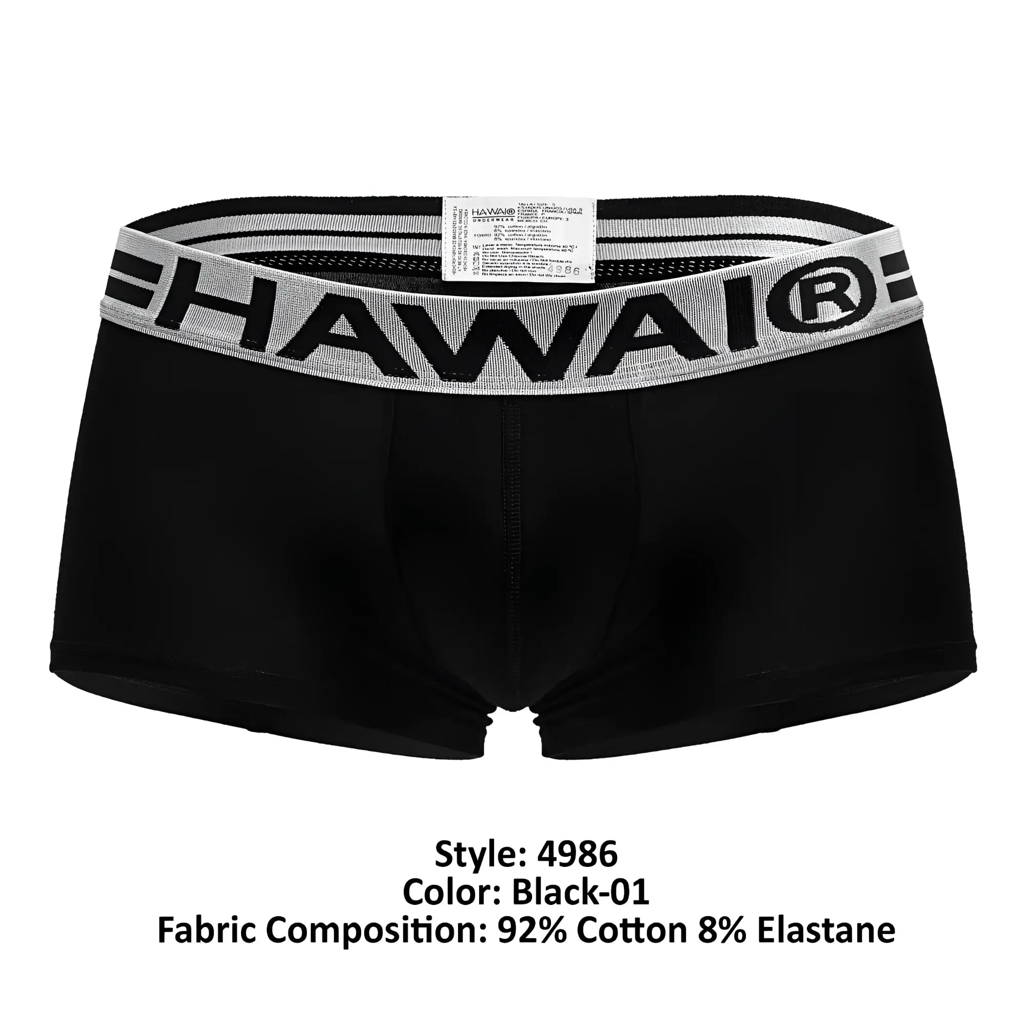 Black hawai boxer briefs in black cotton blend with a gray elastic waistband featuring bold black lettering