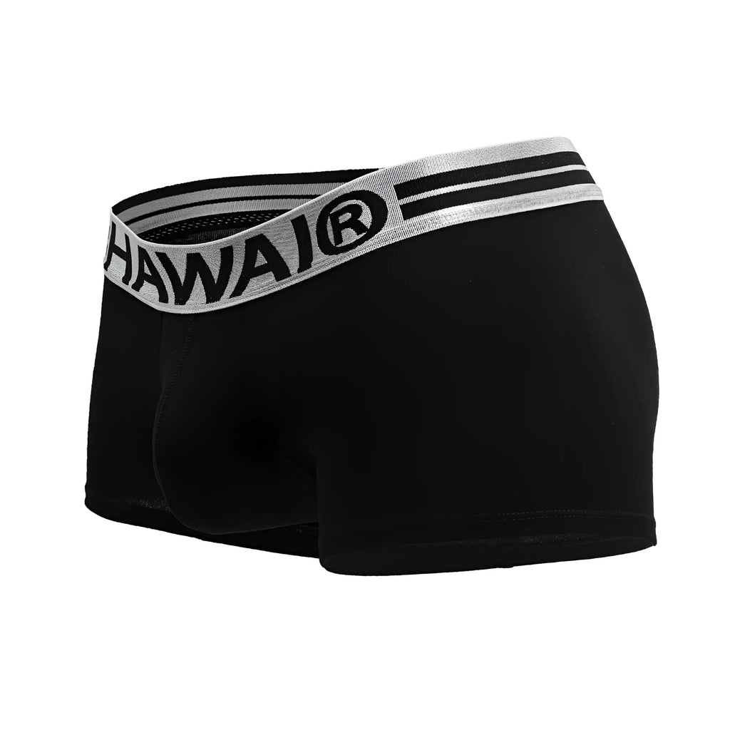 Black hawai boxer briefs trunks in cotton blend black with silver waistband featuring black lettering and stripes