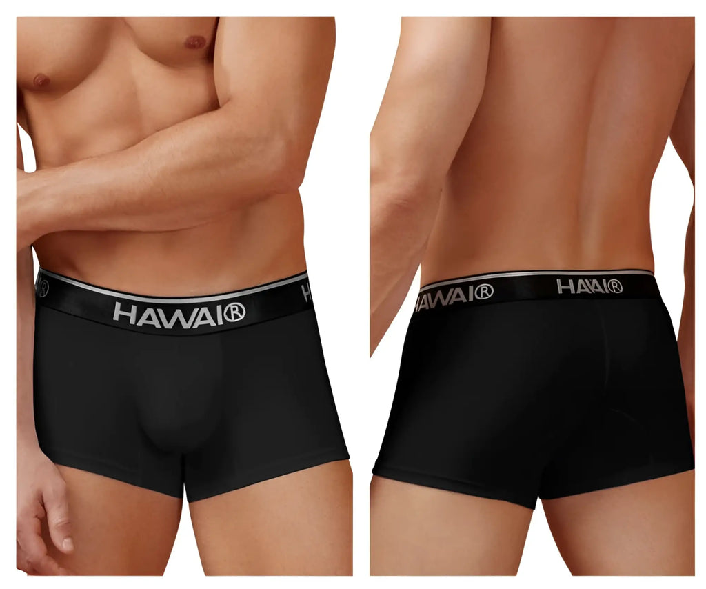 Black hawai brand men’s cotton blend briefs in black with a contrasting white waistband featuring the logo
