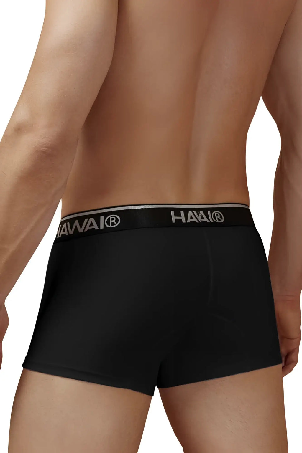 Black hawai brand black cotton blend trunks with a contrasting silver logo band shown from the front side
