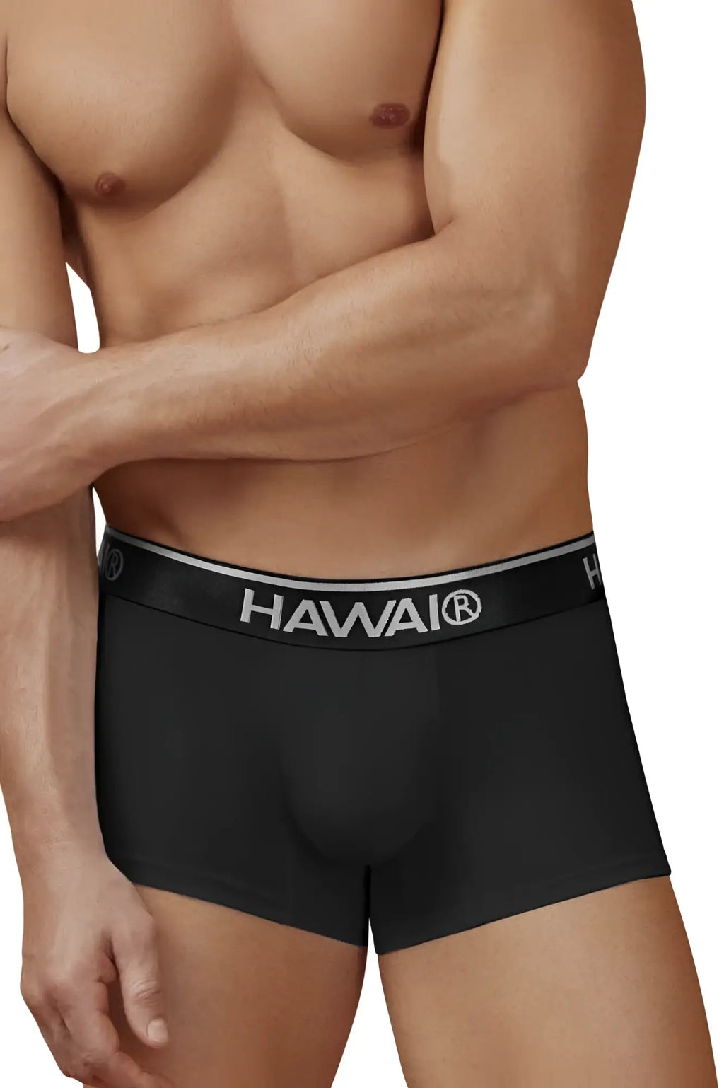 Black hawai men’s cotton blend briefs in black with sleek elastic waistband featuring silver lettering and trim