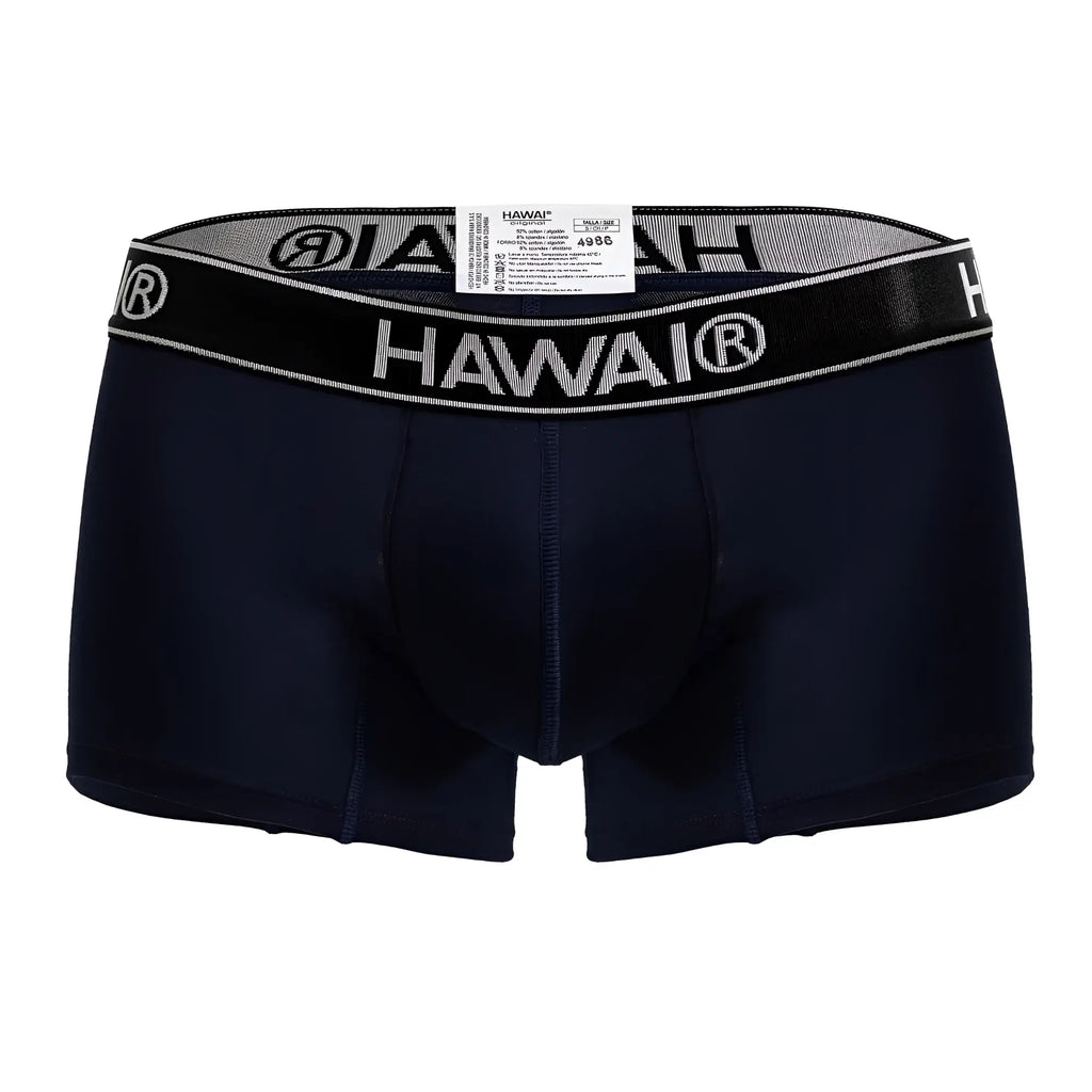 Black hawai brand men’s dark blue cotton blend boxer briefs with gray and black waistband featuring bold white logo