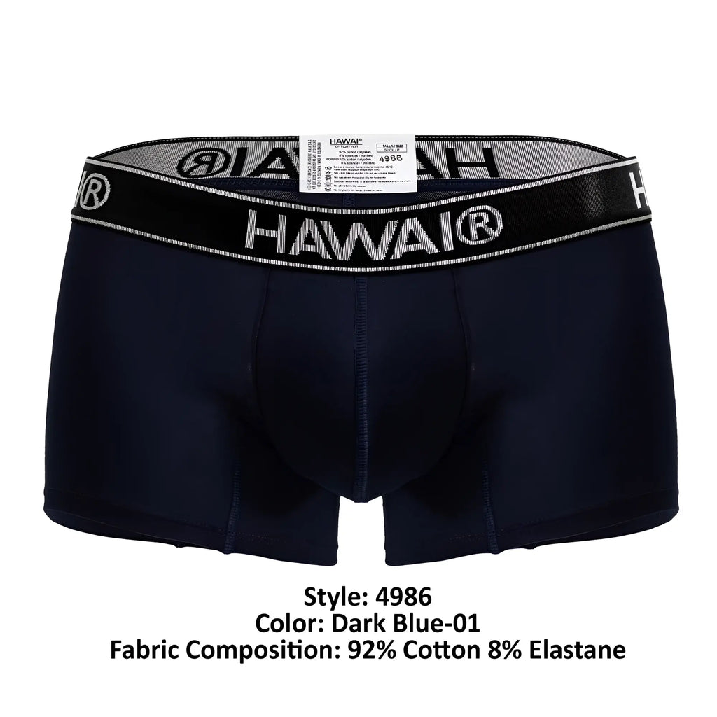 Dark blue hawai boxer briefs with black waistband white logo cotton blend trunks for everyday comfort and support