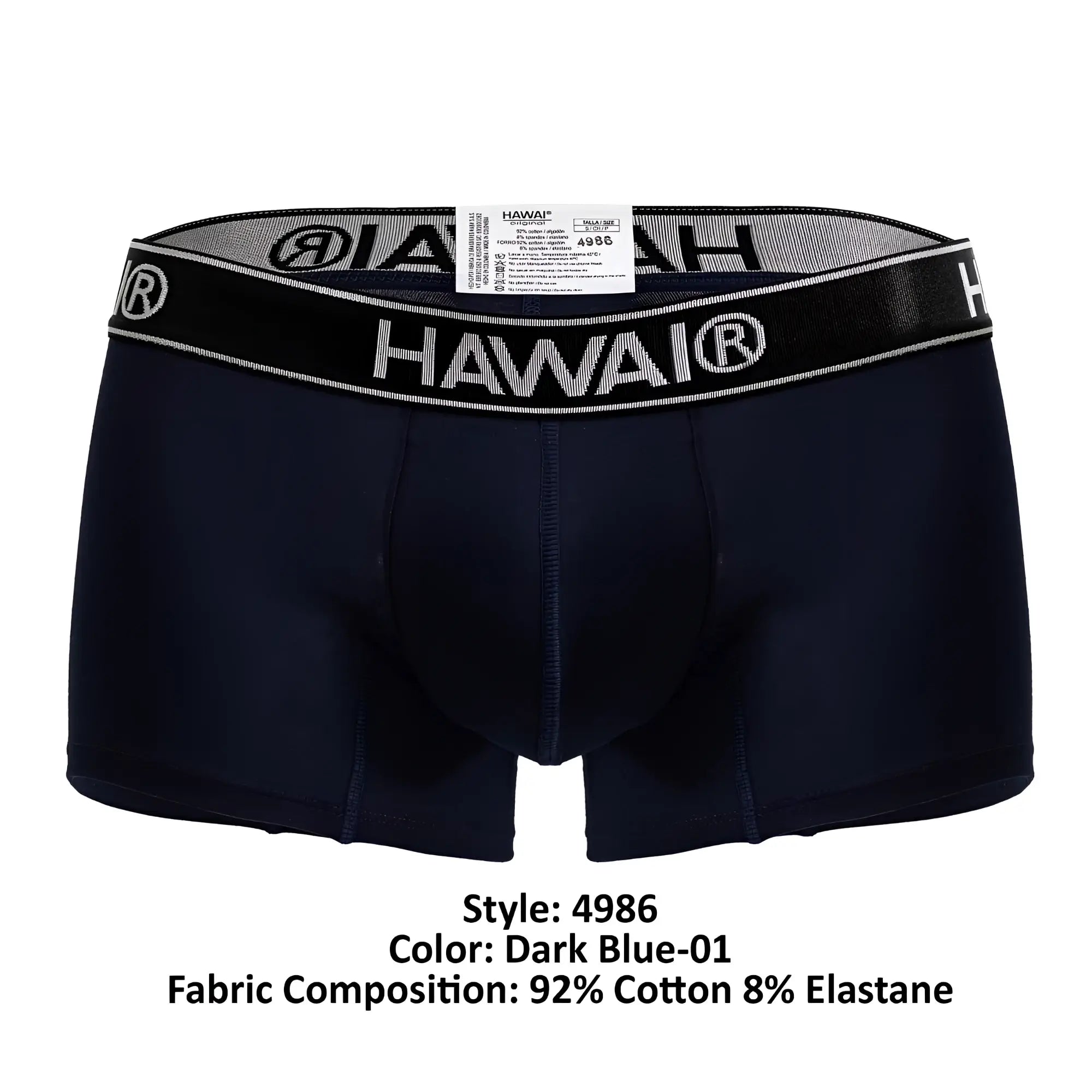 Dark blue hawai boxer briefs with black waistband white logo cotton blend trunks for everyday comfort and support