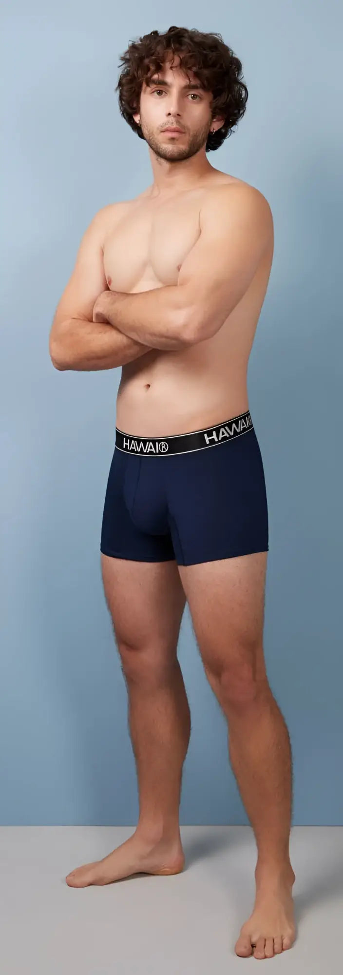 Navy blue harmay boxer briefs with black elastic waistband and white lettering cotton blend trunks hawair 4986 dark blue