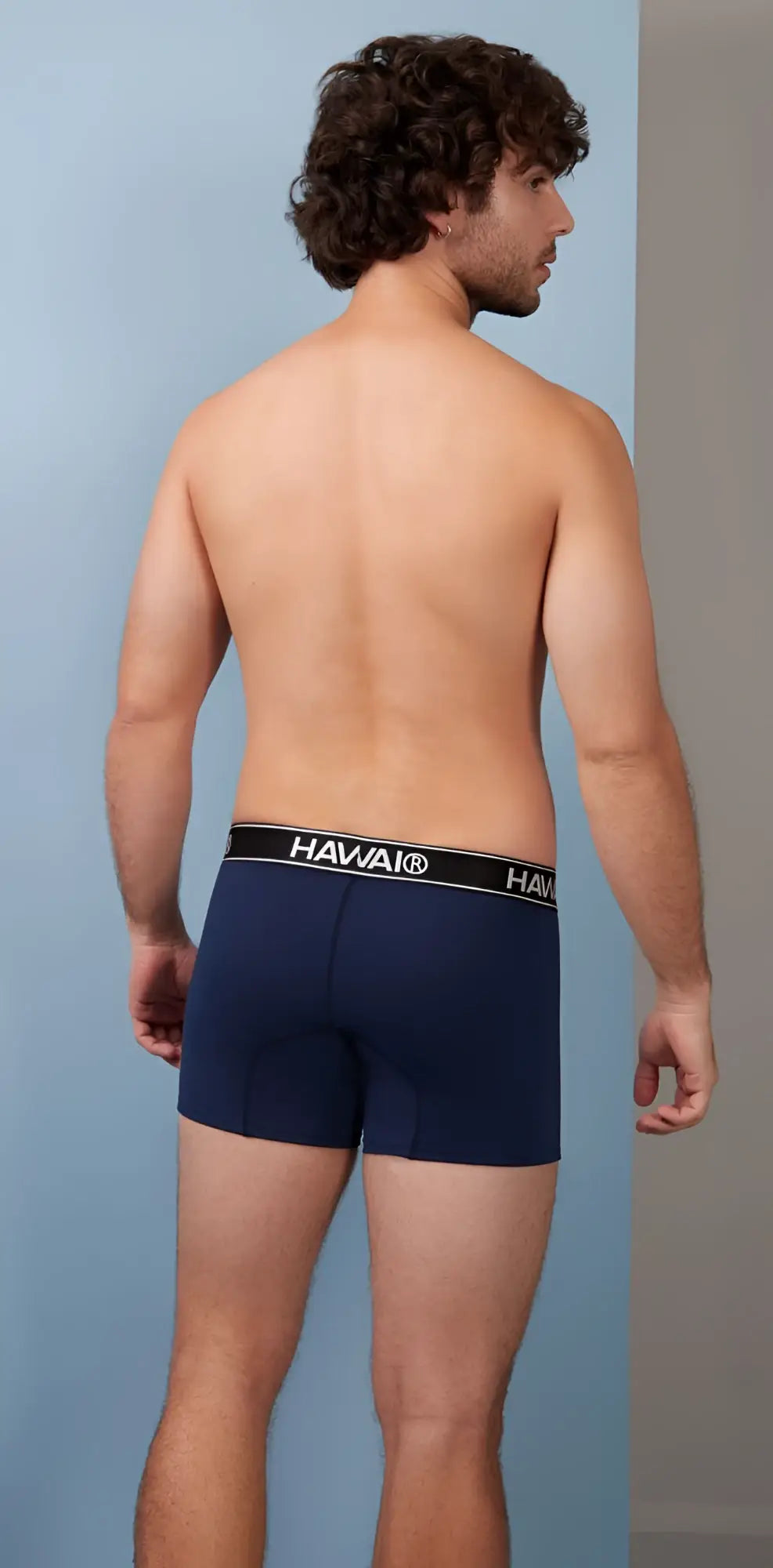 Navy blue havai cotton blend boxer briefs with black waistband and white lettering from hawair 4986 trunks collection