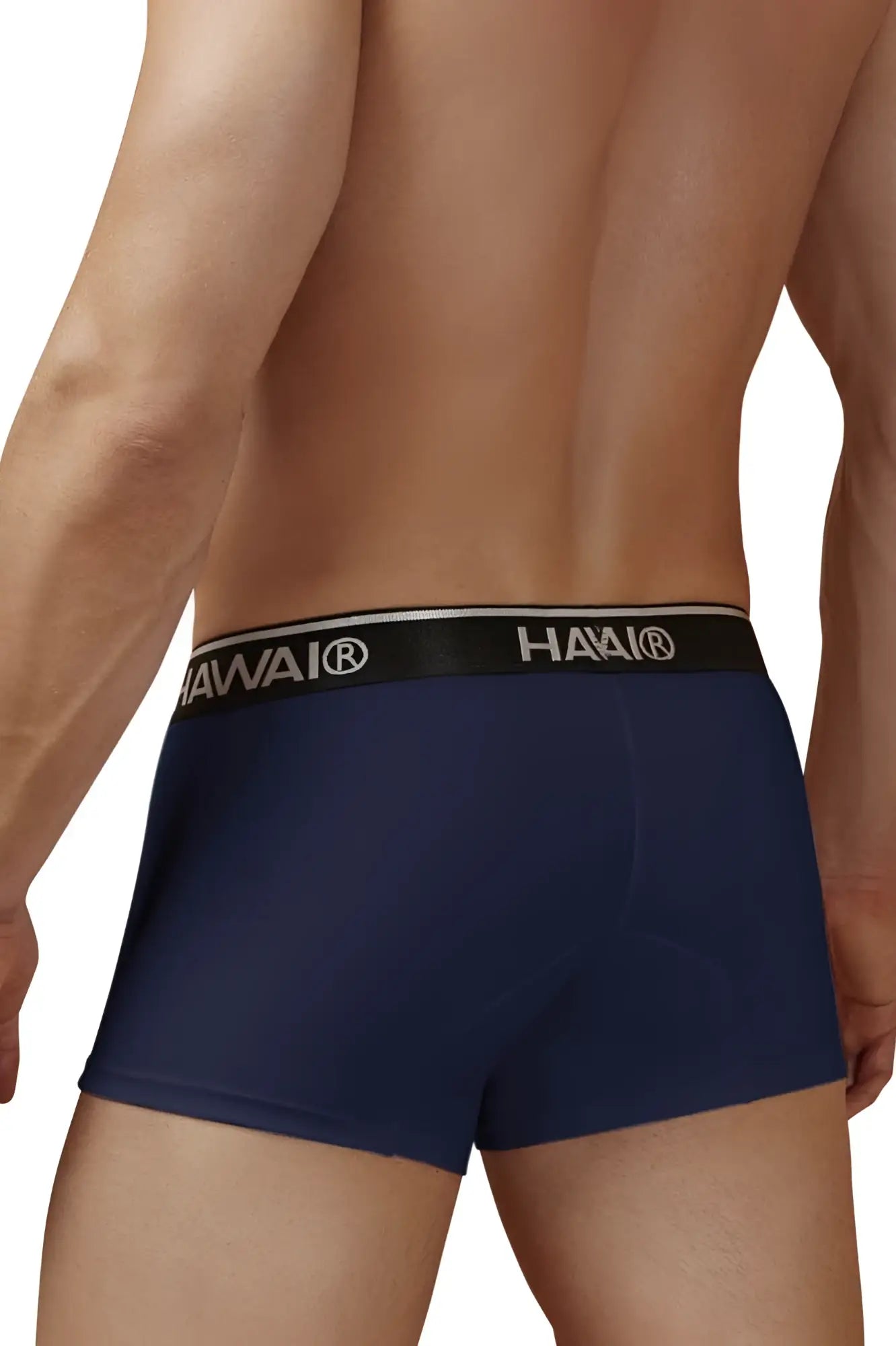 Navy blue havai branded cotton blend boxer briefs with black elastic waistband and white lettering model hawair 4986