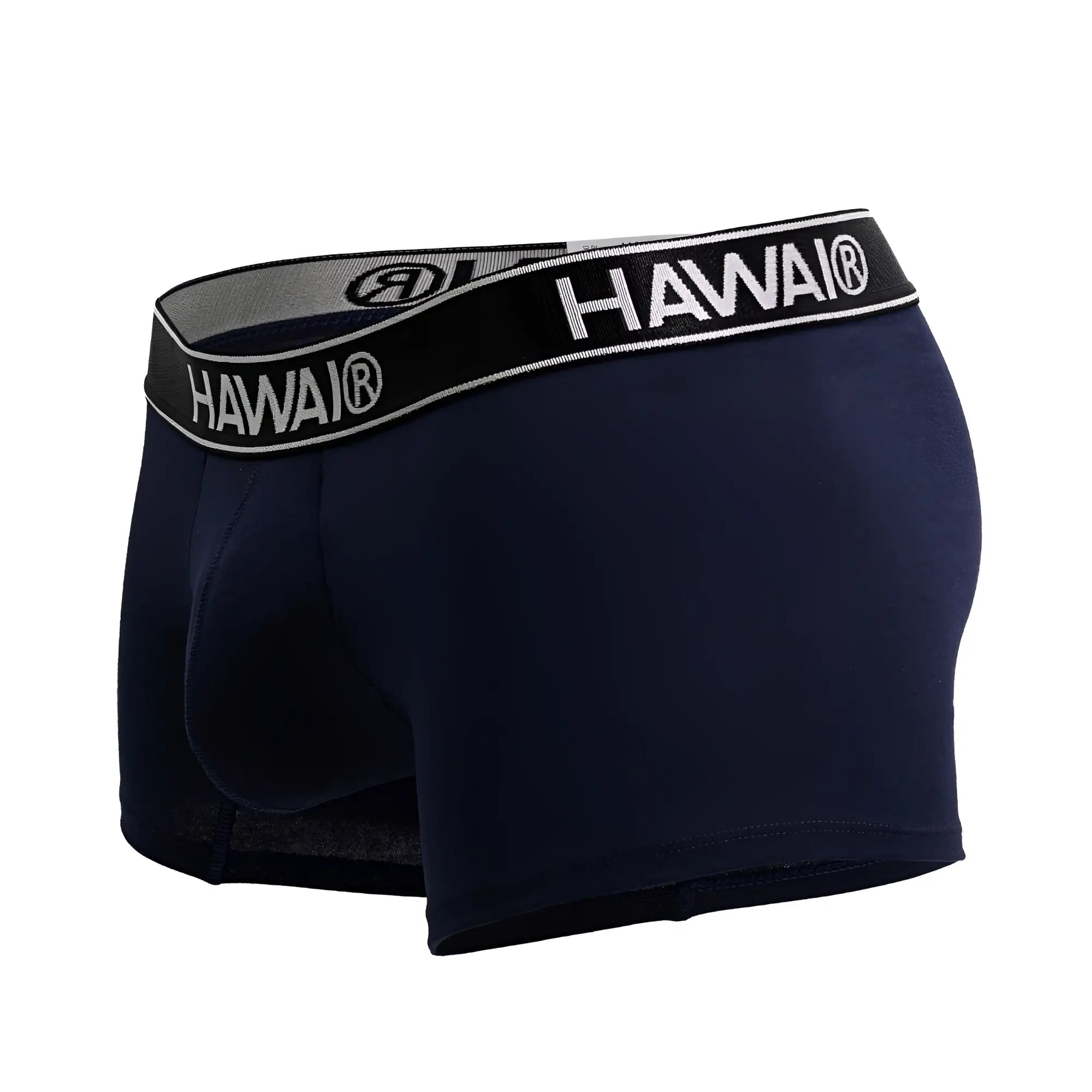 Navy blue hawai men’s boxer briefs with black and gray waistband featuring white lettering in cotton blend trunks