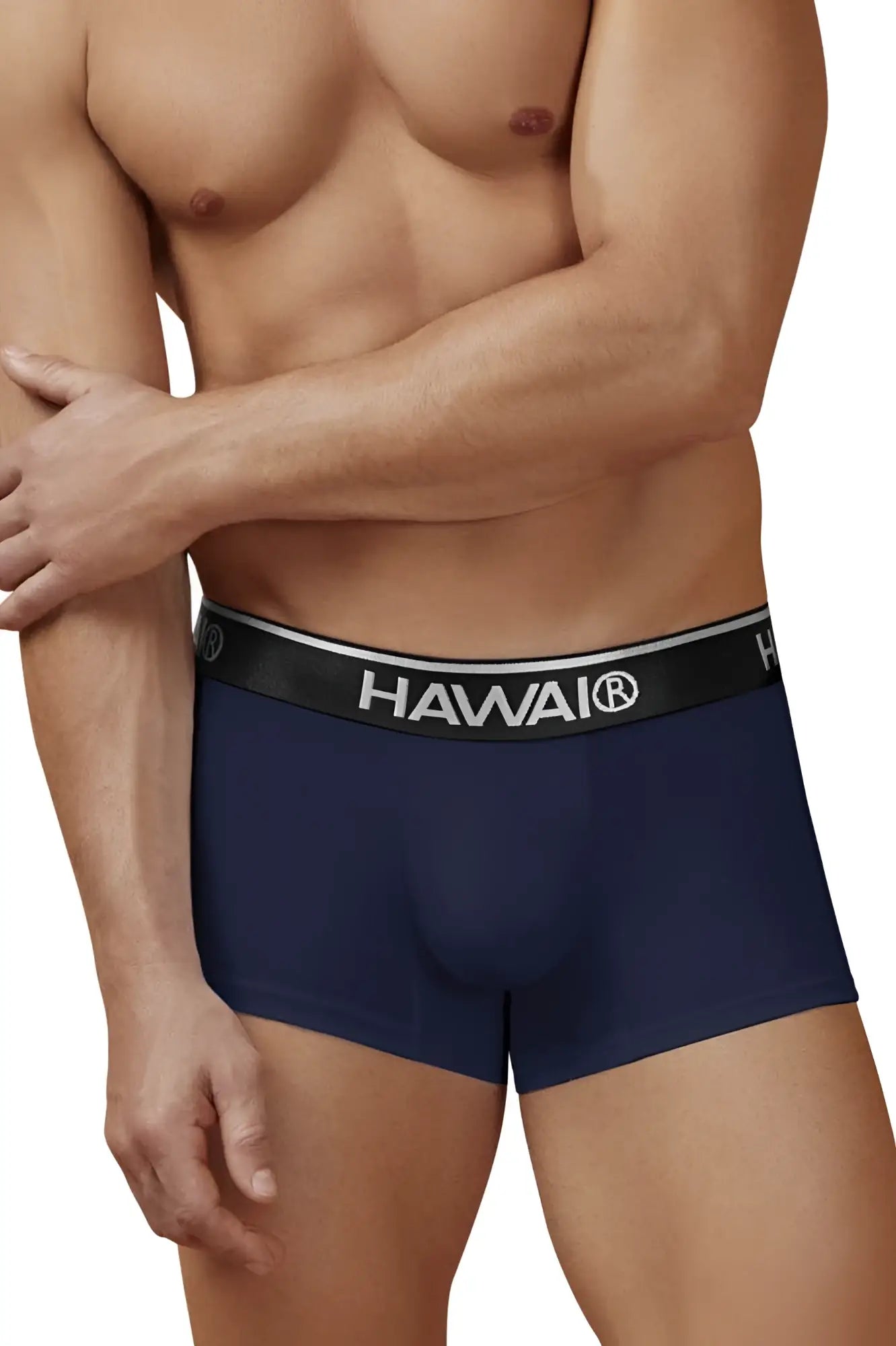 Navy blue hawaiian men’s cotton blend briefs with a black elastic waistband featuring the hawaii logo in white