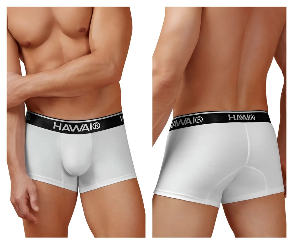 White hawai brand white cotton blend trunks with black elastic waistband featuring white logo lettering