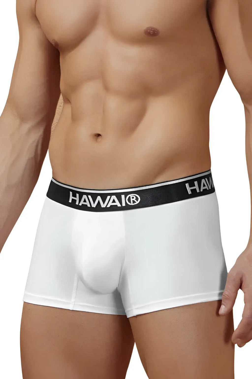 White men’s cotton blend briefs with black hawai elastic waistband in trunks style color white 01