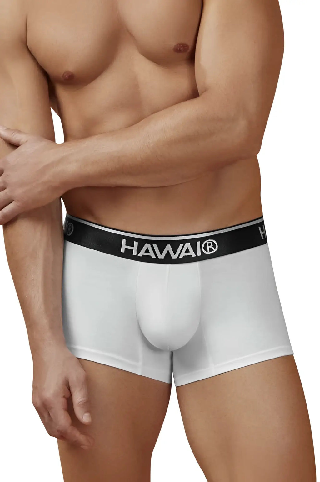 White men’s cotton blend boxer briefs with black hawaii waistband in white for comfortable everyday wear