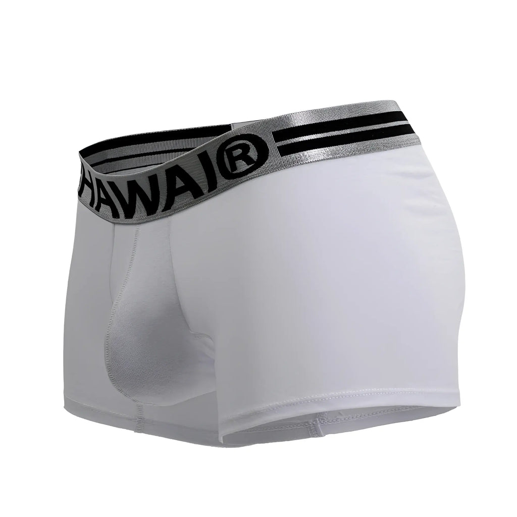 White men’s cotton blend boxer briefs with gray waistband black hawaii branding and two horizontal stripes