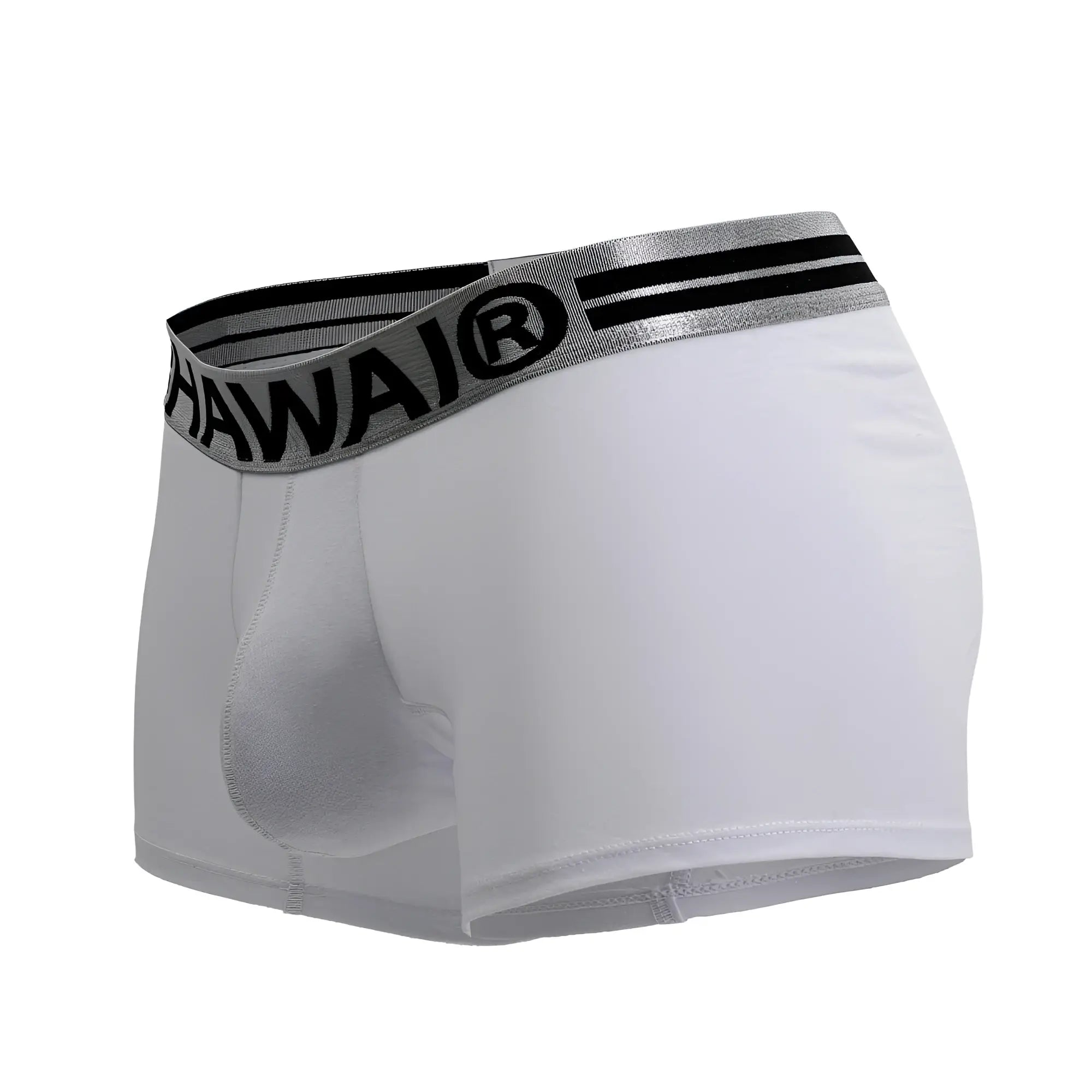 White men’s cotton blend boxer briefs with gray waistband black hawaii branding and two horizontal stripes