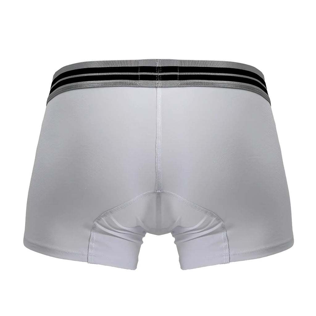 White men’s cotton blend boxer briefs with gray waistband and two black stripes hawair 4986 trunks white 01