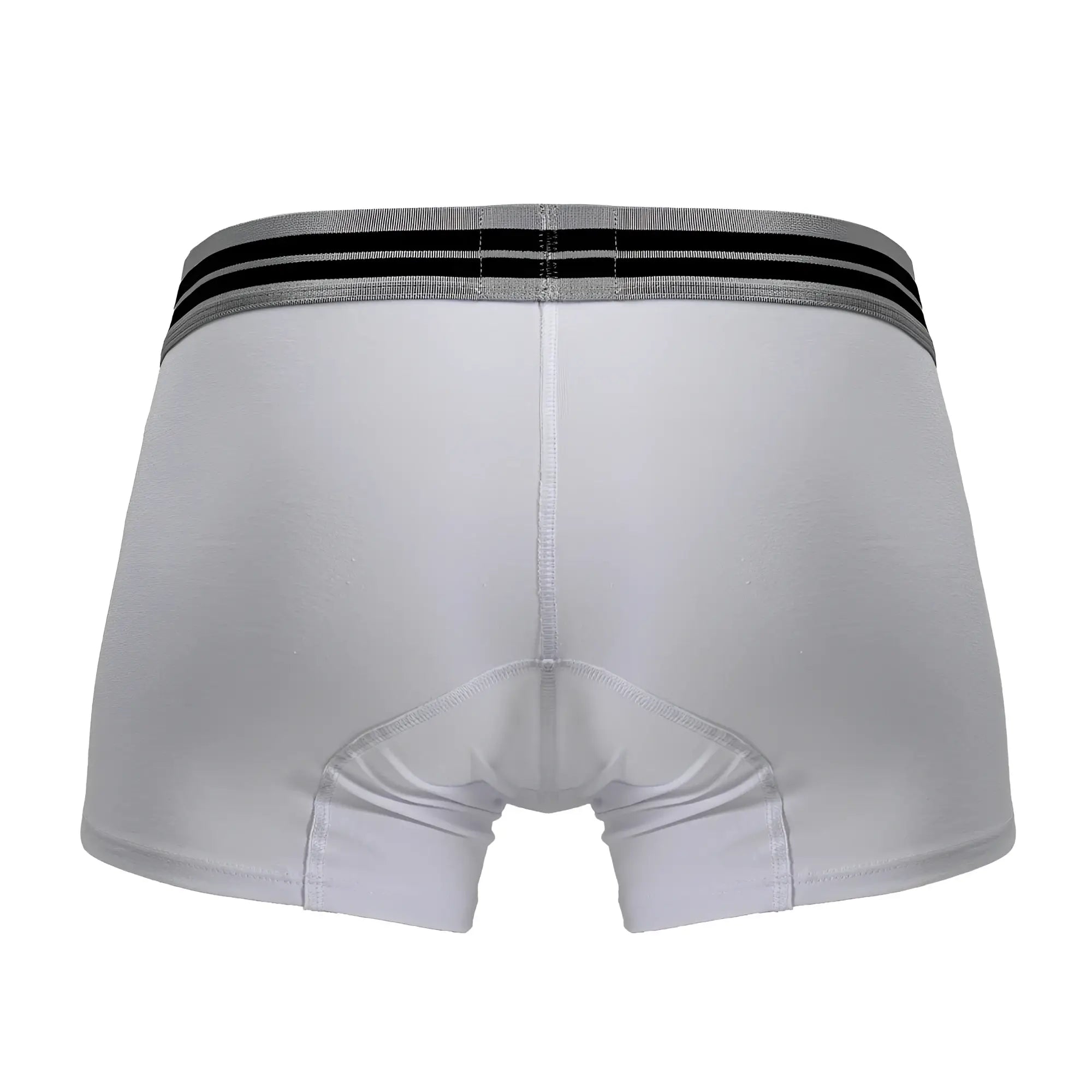 White men’s cotton blend boxer briefs with gray waistband and two black stripes hawair 4986 trunks white 01